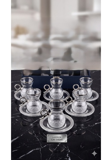 6 Kişilik 12 Parça Silver Petek Çay Seti Kulplu altın