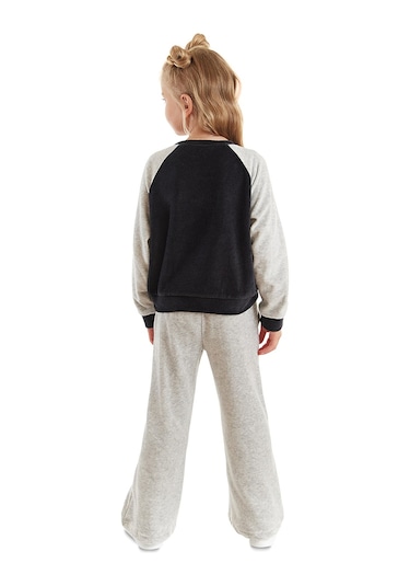 Denokids İkiz Ceylan Kız Çocuk Gri Kadife Eşofman Takım Gri