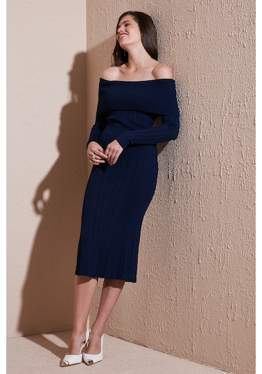 Lela Premium Fitilli Carmen Yaka Slim Fit Midi Boy Triko Bayan Elbise 680El00033 Lacivert