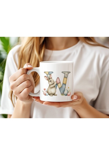W Harfli Tavşan Kupa - Patchwork / Yamalı Desenli İsme Özel Kupa - Pastel Vintage Tarz Hediyelik 07 Beyaz