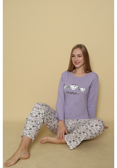 Kadın Penye Sıfır Yaka Uzun Kol Pijama Takımı Lila Happy