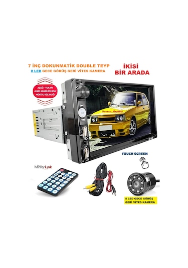 7 İnç Dokunmatik Double Teyp + 8 Led Gece Görüş Geri Vites Kamera