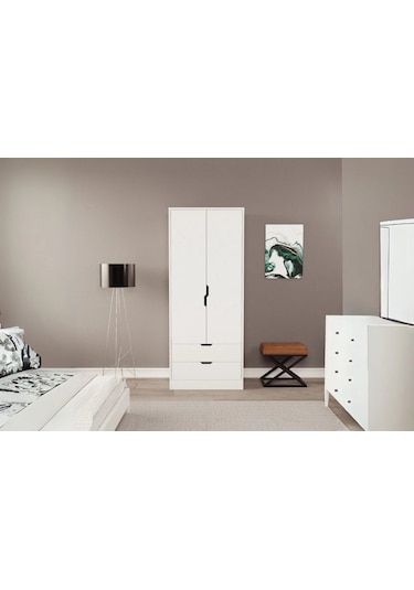 Moderno Mini 2 Kapaklı 2 Çekmeceli Gardırop Kompakt Tasarım, Modern Görünüm Beyaz