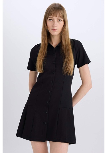 DeFacto Polo Yaka Basic Düz Kısa Kollu Pileli Mini Elbise D4203AX24AUBK27