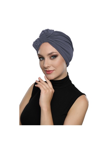 Kristal Yelpaze Taş İşlemeli Çift Taraflı Astarlı Hazır Koyu Gri Türban Tesettür Abiye Bone