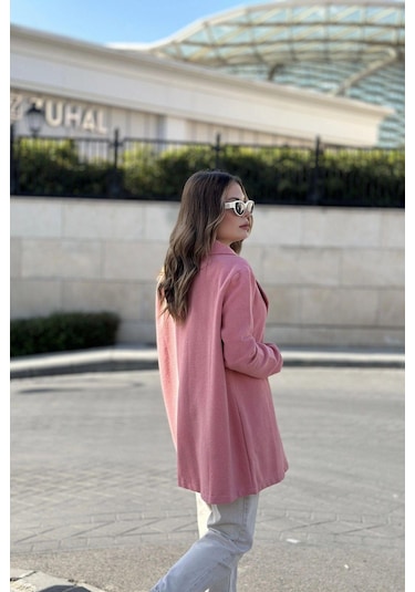 Kadın Pembe Astarlı, Kruvaze Ceket Yaka, Tek Düğme, Rahat Kalıp, Fitilli Kaşe Kumaş Kaban Pembe