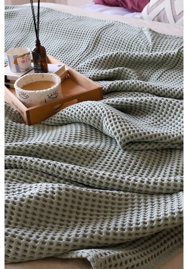 Vivamaison Çift Kişilik Waffle Pike Yatak Örtüsü Pamuklu Adaçayı Yeşil