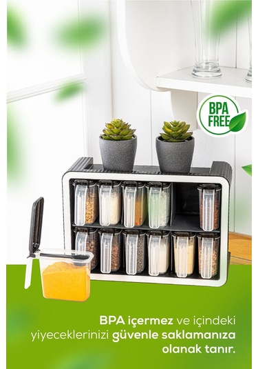 Vienev 12li 250 Ml Standlı Kendinden Yapışkanlı Kaşıklı Baharatlık Seti Antrasit