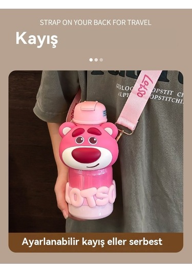 Maoyaya Çilek Ayısı 316 Paslanmaz Çelik Termos - Pembe Renk, Sıcak Soğuk Saklama Pembe