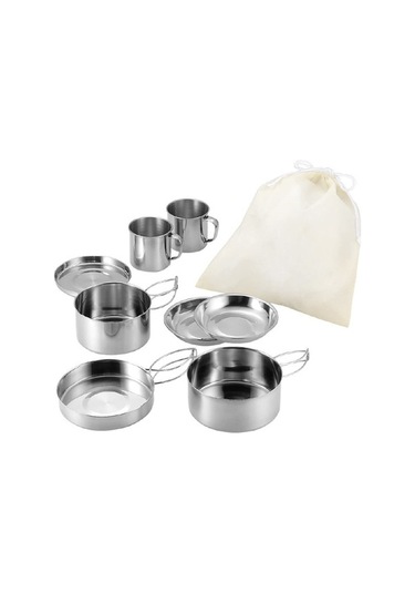 Paslanmaz Çelik Kamp Tencere Seti Sekiz Parçalı Set Beyaz Beyaz