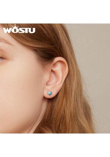 Wostu 925 Ayar Gümüş Minik Güneş Saplama Küpeler Kadınlar İçin Trendy Güzel Düğün Takısı Mavi Turkuaz Piercing Küpe