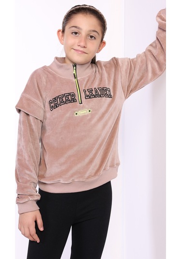 Toontoy Kız Çocuk Fermuar Detaylı Nakışlı Kadife Sweatshirt Kahverengi