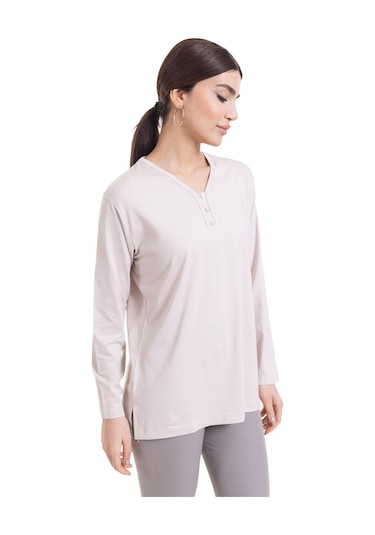 Kadın Orta Yaş ve Üzeri Dört Mevsim V Yaka Rahat Kalıp Likralı Viskoz Anne Penye Bluz 140-Krem Rengi Krem