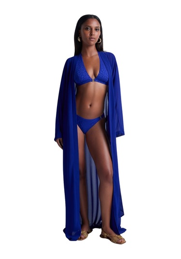 Aubade Beach Walk Kimono, Uzun Kollu, Derin Dekolteli, Hafif Plaj Üstlüğü Mavi