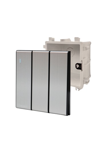 MERALLI INOX 3'lü anahtar, hakiki fırçalanmış paslanmaz çelik, çerçevesiz 86×86 Modüler  kasa dahil