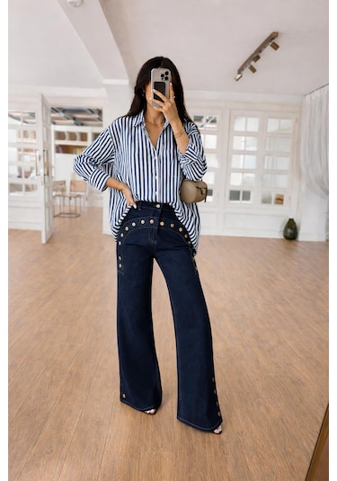 Lijuri Çizgili Oversize Basic Gömlek 3504 Lacivert