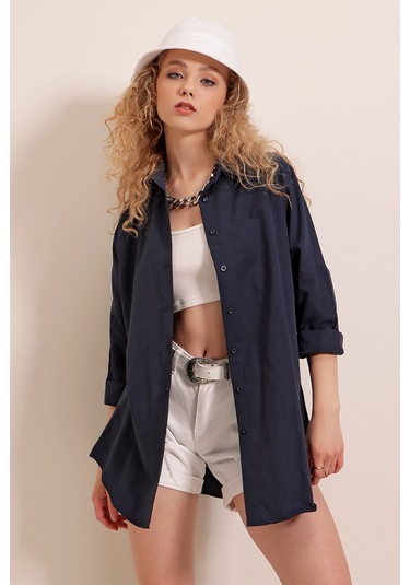 Bigdart 3900 Oversize Uzun Basic Gömlek - Lacivert 001