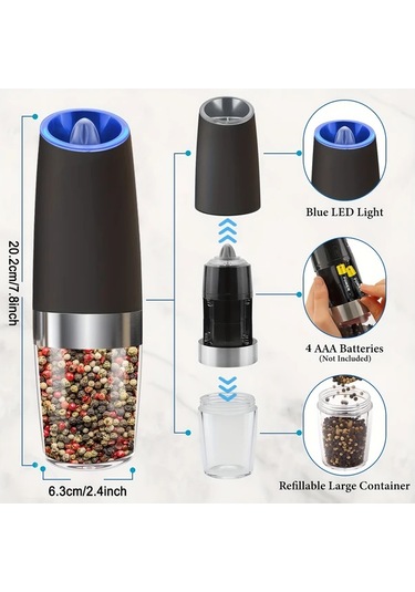 Honeybeeshop 2 Adet Siyah Yerçekimi Elektrikli Biber Ve Tuz Öğütücü Seti Led Işık Büyük Kapasiteli Otomatik Ahşap