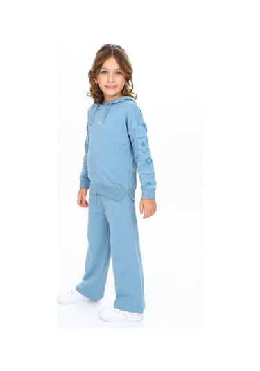 Toontoy Kız Çocuk Kapüşonlu Kol Çiçek Baskılı Eşofman Takım Mavi
