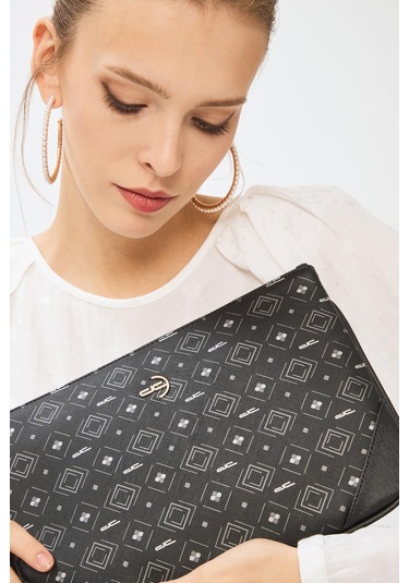 Deri Company Kadın Basic Clutch Çanta Monogram Desenli Siyah Gri 214002 Siyah - Siyah