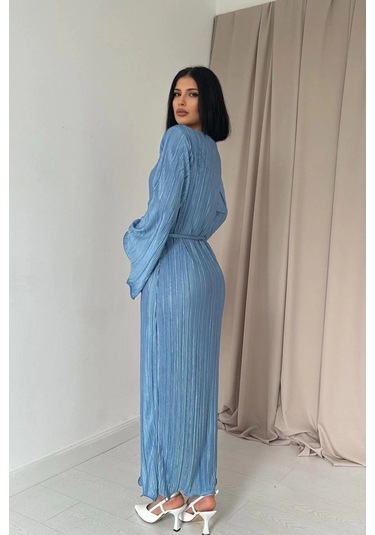 Mavi İspanyol Kol Piliseli Elbise Mavi