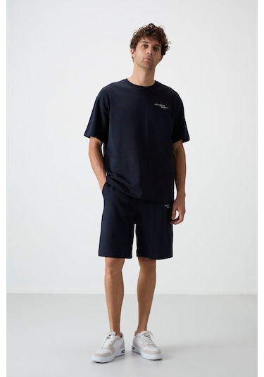 Lacivert Pamuklu Kalın Yumuşak Dokulu Oversize Fit Nakışlı Erkek Şort Takım - 85250