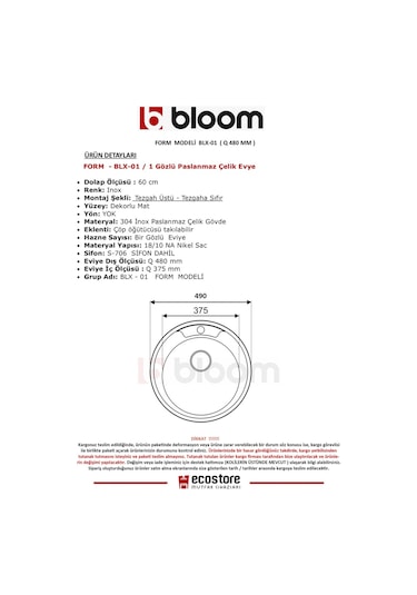 Bloom BLx -01 Krom Eviye Yuvarlak Çelik Eviye