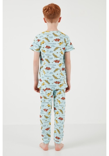 Lela Desenli % 100 Pamuk Bisiklet Yaka Erkek Çocuk Pijama Takımı 6651001 Mint