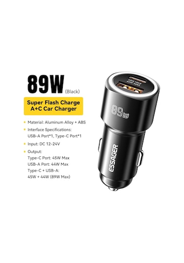 Essageressager 89w Usb C Araç Şarj Cihazı iPhone Uyumlu, Uyumlu, 15 Pro Huawei P60 Pro Vivo Dizüstü Bilgisayar Tablet Pd3.0 Fcp Hızlı Şarj Ildistribütör Garantili