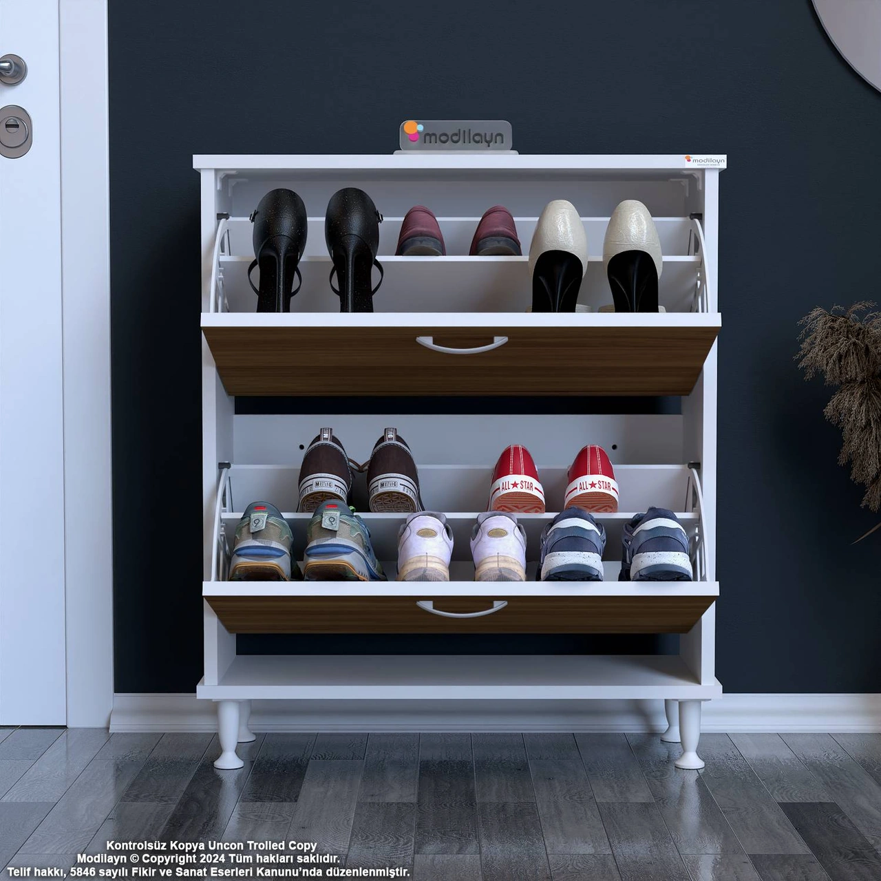 Asaf Antre Ayakkabılık Ceviz Renk 72 Cm 2 Düşer Kapak 4 Göz Bölmeli Ayakkabılık 72x86x25,5 Cm Ceviz