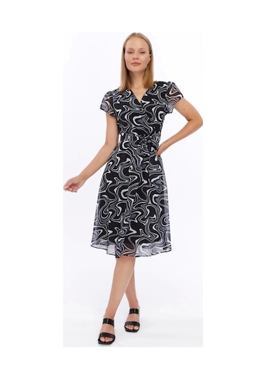 Kadın Desenli Kruvaze Yaka Midi Şifon Elbise 4445/110 Gri