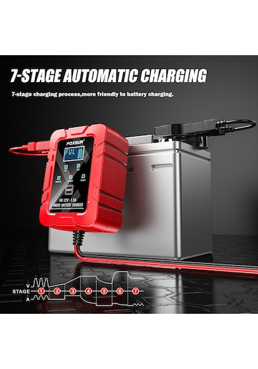 Yaozixa Foxsur 6v/12v Akıllı Otomatik Akü Şarj Cihazı 4-30ah, Lcd Ekranlı, Otomobil-motosiklet İçin, Tamir Ve Bakım, Kırmızı, Avrupa Standartı