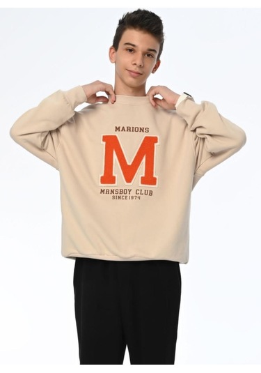Erkek Çocuk M Harfi İşlemi Sweatshirt-13403-bej Bej