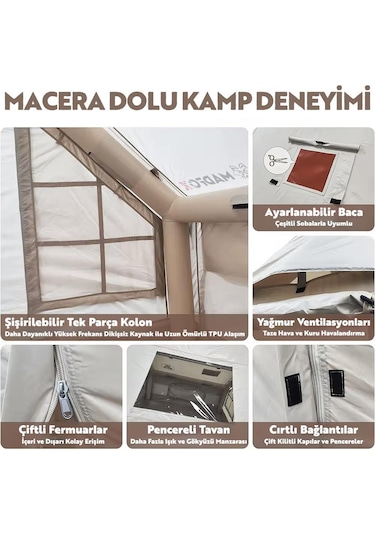 Madfox Bigless Glamping Cotton Inflatable Şişme Çadır Baca Çıkışlı Bej