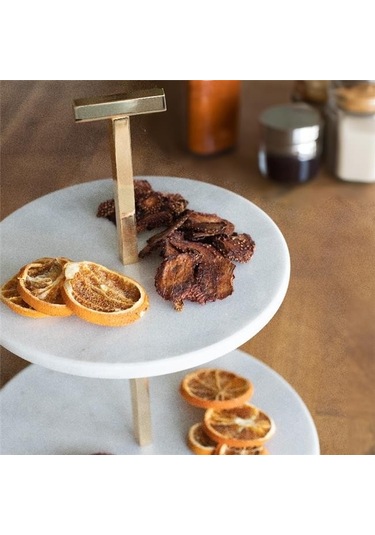 Akayev Mermer 25 Cm Beyaz Altın Boncuk Ayaklı İki Katlı Sunum Tabağı Beyaz