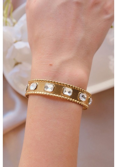 Gold Vintage Baget Zirkon Taşlı Çelik Kelepçe Bileklik Gold