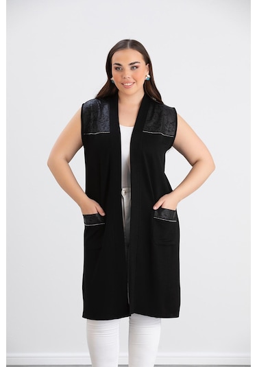 Wearon Kadın Ajda 2 İp Kristal Süs Deri Ve Taşlı Cepli Siyah Yelek Siyah