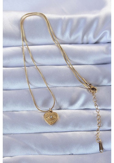 Gold Renk Zirkon Taşlı İşlemeli Göz Detay Kalp Kolye - Ebj240928w28334 Bakır