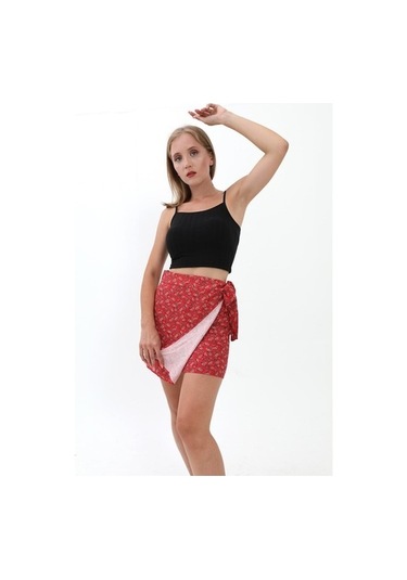 Çiçek Desenli Yandan Bağlamalı Etek - Kırmızı