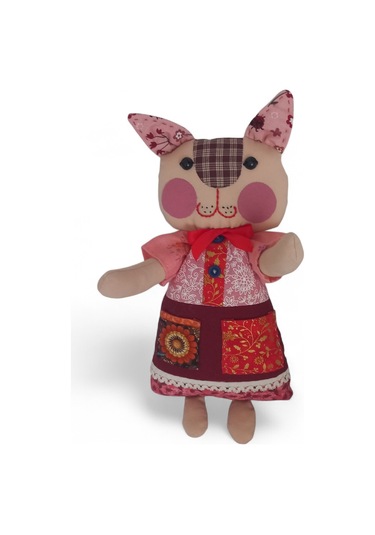 Kedi Hanım Patchwork Kırmızı Yanak Bez Bebek Patchwork