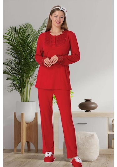Mecit Pijama Mecit 6500 Bayan Hamile Kırmızı Sabahlıklı Gecelik Pijama Takımı