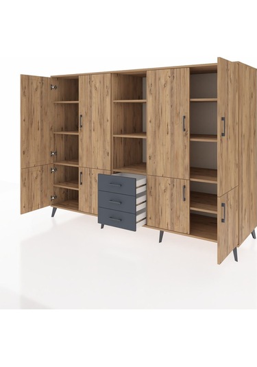 Kronos Dolap 11 Raflı 3 Çekmeceli 8 Kapaklı 220x59x163 Çam-çam/an Çam-çam/antrasit