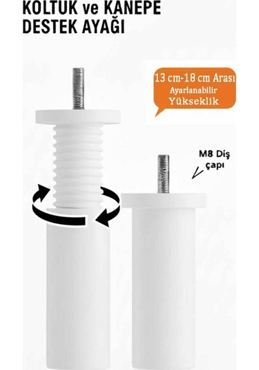 13 Cm-18 Cm Arası Ayarlanabilen Kanepe Ve Koltuk Destek Ayağı Beyaz Beyaz