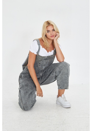 Antrasit Ayarlanabilir Askılı Cepli Oversize Kesim Denim Salopet Antrasit