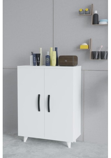 Güney 4 Raflı 2 Kapaklı Banyo Dolabı Havlu Dolabı Beyaz Beyaz