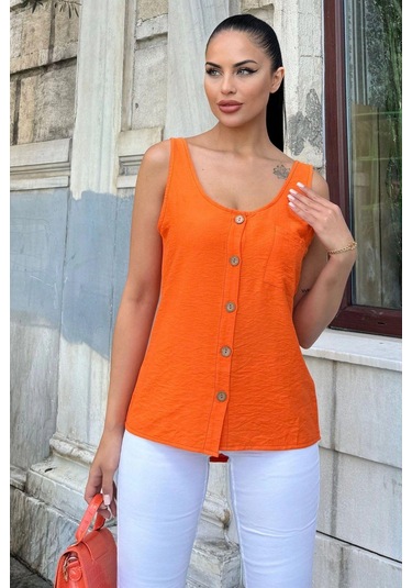 Kadın Turuncu Yuvarlak Yaka Ve Düğme Detaylı, Kalın Askılı Keten Atlet Bluz Turuncu