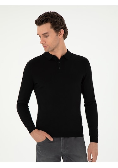 Cacharel Siyah Slim Fit Yün Karışımlı Polo Yaka Basic Triko Kazak
