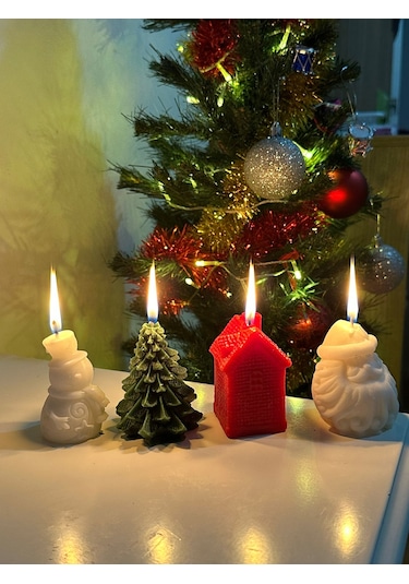 Christmas Yılbaşı Temalı Kırmızı Ev Desenli Mum 2024