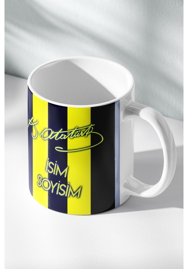 Kişiye Özel Atatürk İmzalı Sarı Lacivert Kupa Bardak, Hediyelik Çok Renkli