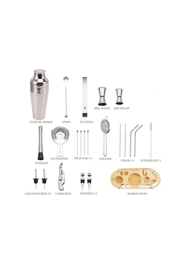 Weichuang01 Bambu Standlı 23 Parça Profesyonel Paslanmaz Çelik Aracı Kokteyl Çalkalayıcı Seti Gümüş